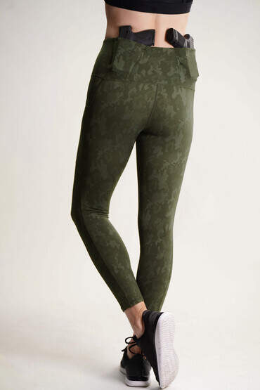 Alexo Women's Face Forward Concealed Carry Leggings in OD Green with Ambidextrous pocket design